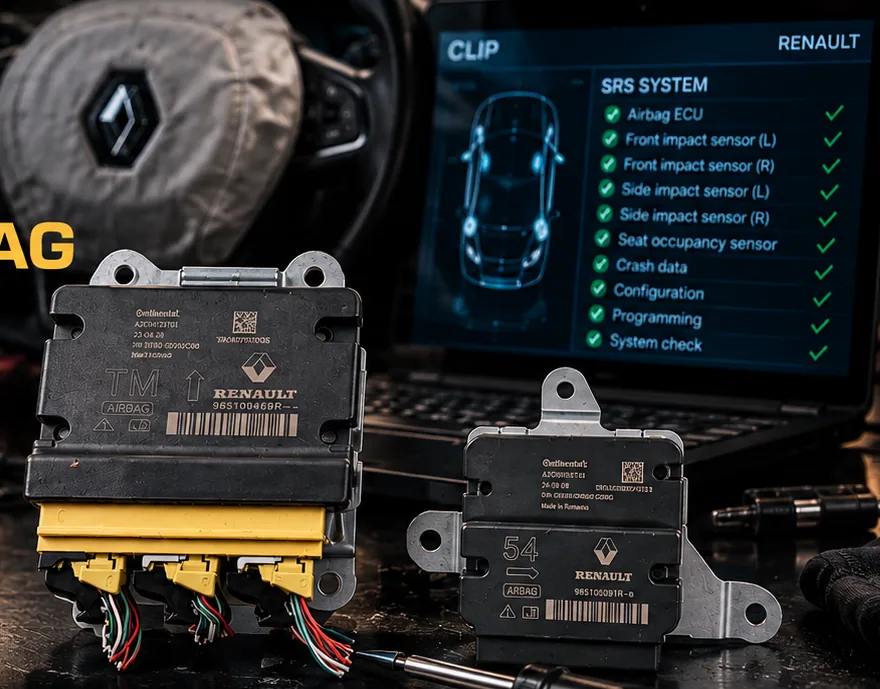 Dwa moduły Renault AIRBAG / SRS z widocznymi uchwytami, złączami i przewodami