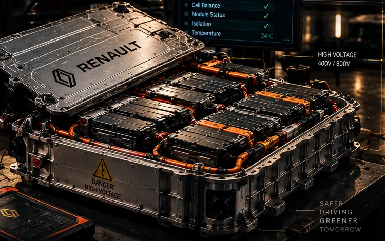Otwarta bateria trakcyjna Renault — ilustracja diagnostyki i naprawy HV