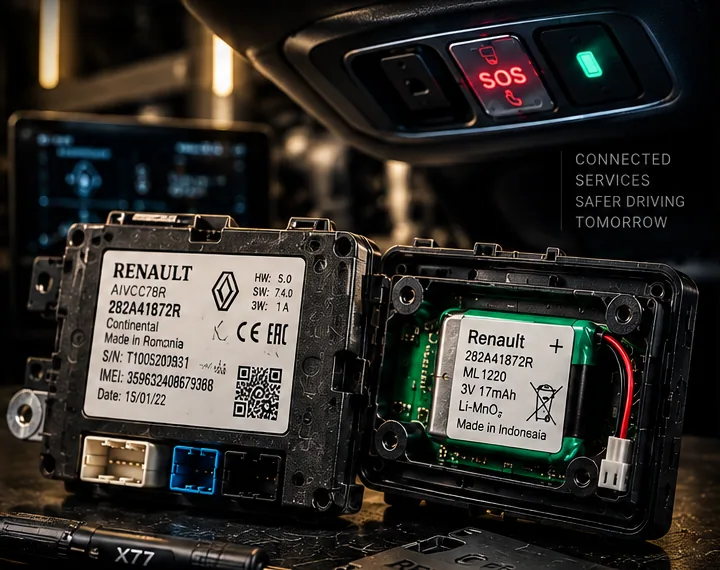 Przycisk SOS, moduł Renault TCU i wewnętrzna bateria BUB