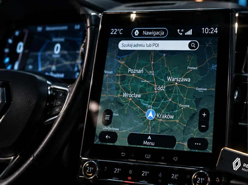 System multimedialny Renault z kompletnym ekranem nawigacji i widoczną mapą