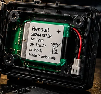 Otwarty moduł Renault TCU z widoczną wewnętrzną baterią BUB 282A41872R
